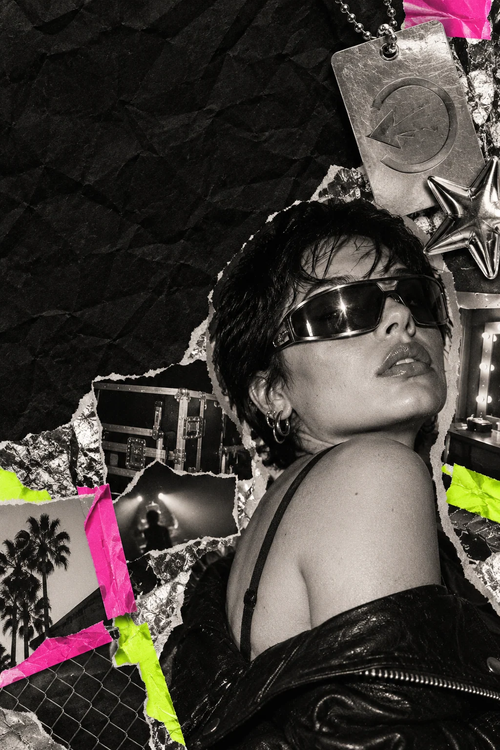 Коллаж для входа: fashion-портрет, серебряный пропуск и символ возвращения